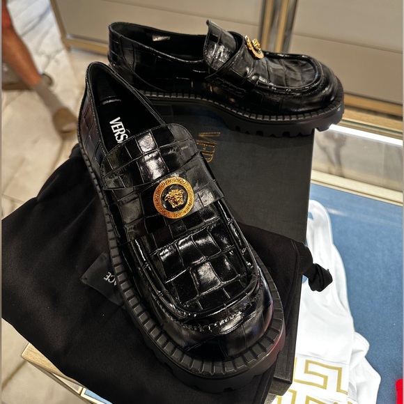 Versace Shoes - Versace Medusa croc print leather black womens loafer